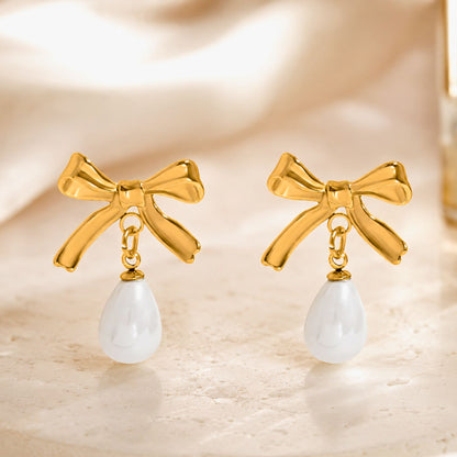 Made in the USA | 18K Gold PVD Freshwater Pearl Bow Earrings | Hypoallergenic 316L Surgical Steel