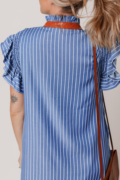 Sky Blue Stripe Frilly Split Neck Shirred Ruffle Sleeve Mini Shift Dress