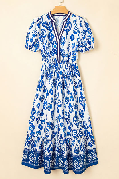 Blue Floral Ruffle Hem Pop of Color Neckline Dress
