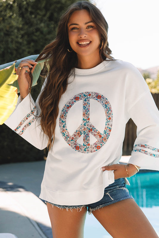 Floral Peace Sign Oversized Sweatshirt – Relaxed Fit Boho Casual Top