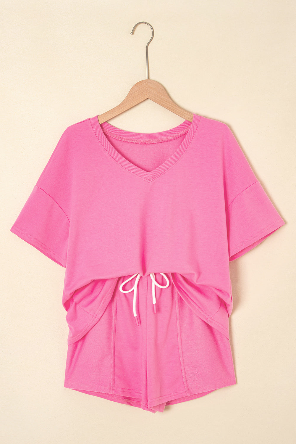 Women’s Pink 2 Piece Lounge Set – V Neck Top & Drawstring Shorts Casual Summer Outfit