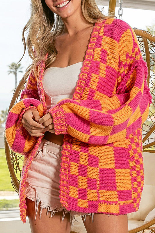 Multicolor Plaid Open Front Knitted Cardigan