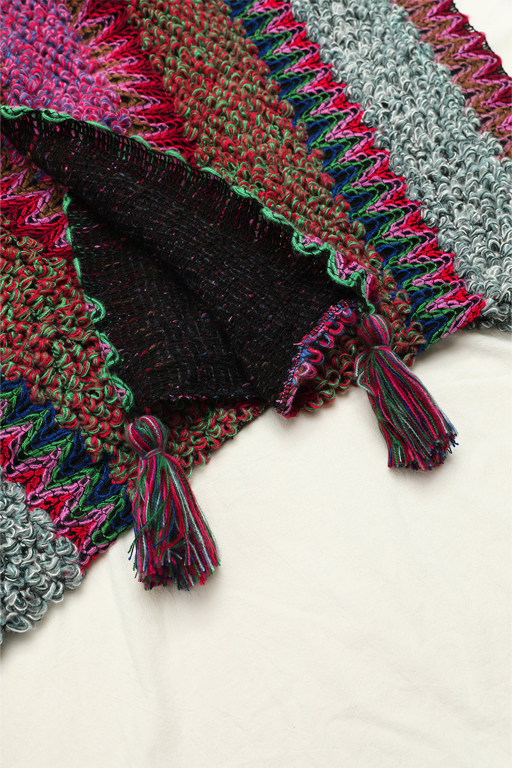 Rose Red Ethnic Tassel Knit Poncho