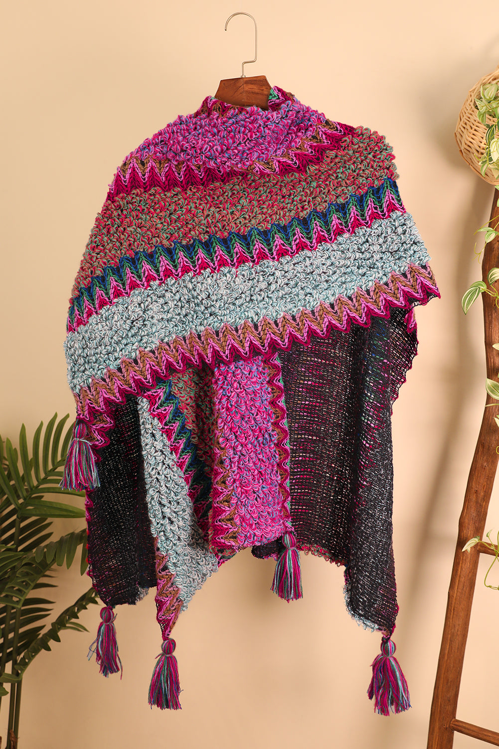 Rose Red Ethnic Tassel Knit Poncho