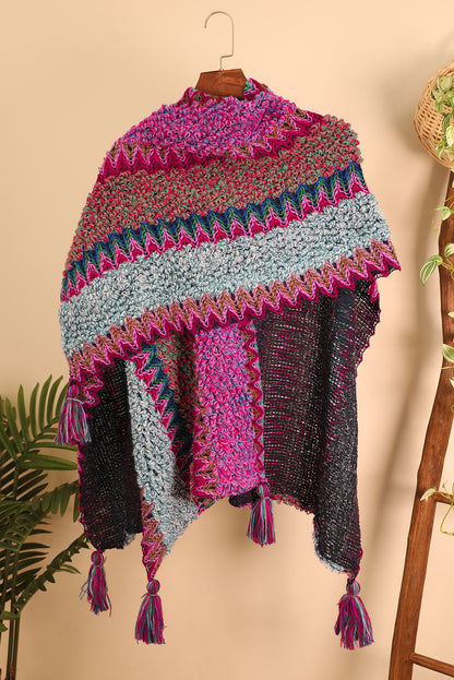 Rose Red Ethnic Tassel Knit Poncho