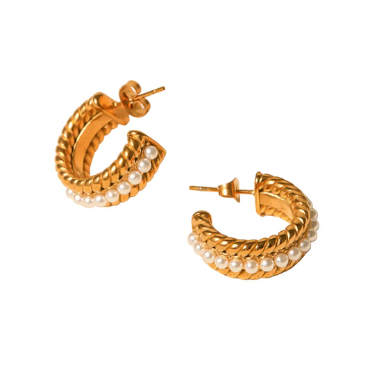 Gold stainless steel pearl C-hoop earrings, 18K gold-plated hypoallergenic jewelry for women on white background.
