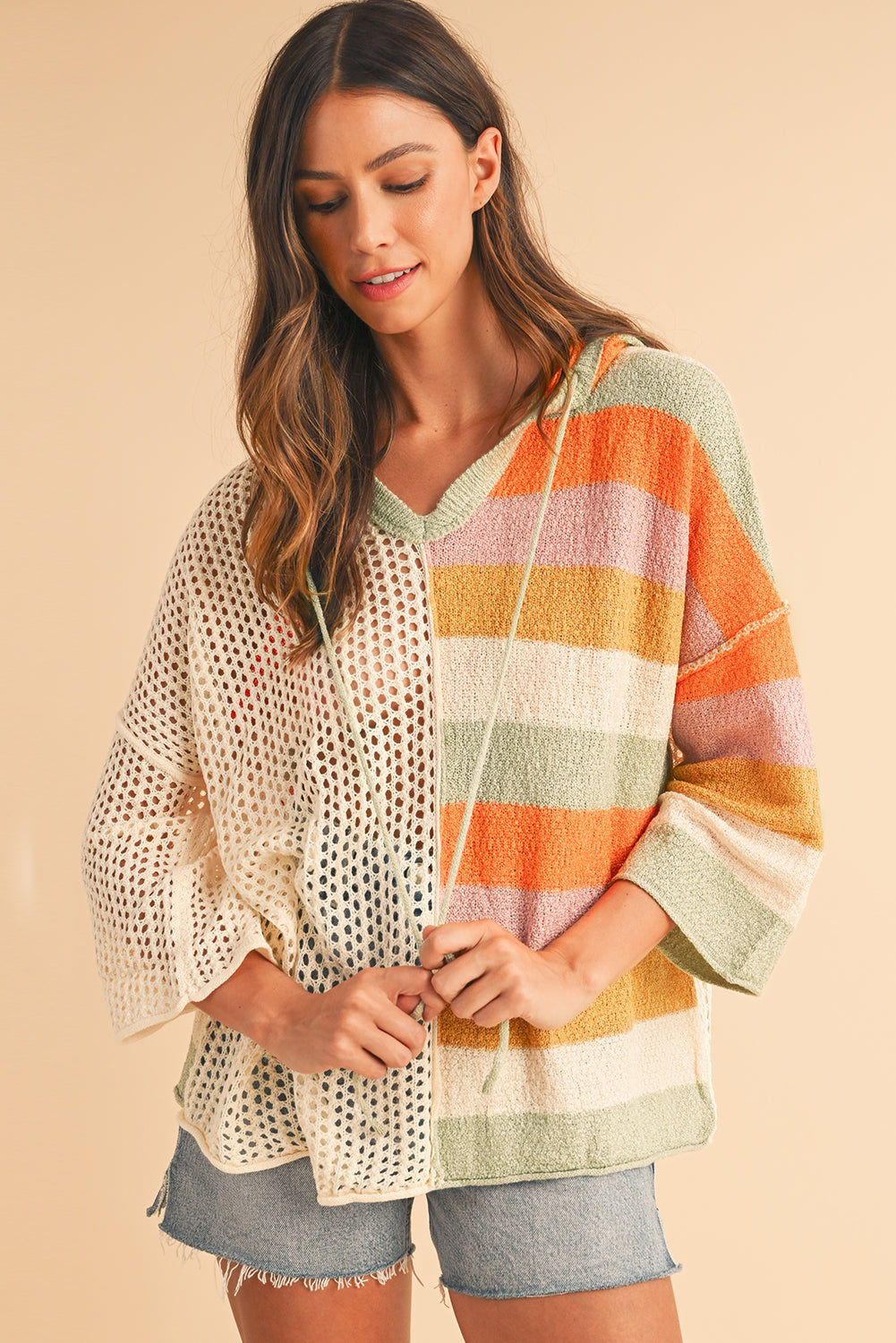 Oversized Colorblock V-Neck Hooded Sweater for Women – Lightweight Knit Pullover, Casual Boho Striped Hoodie Top