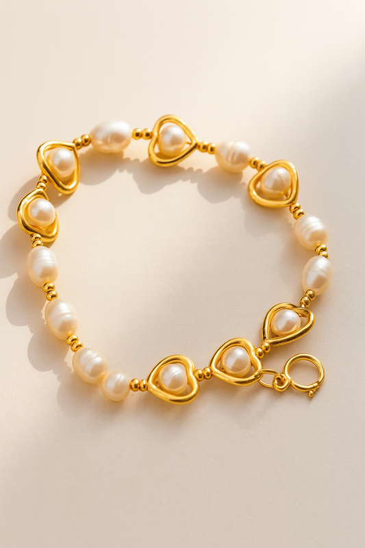 Heart Pearl Anklet | 14-Pearl Gold Anklet with Artisan Heart Frames - JAG Universal Collection 