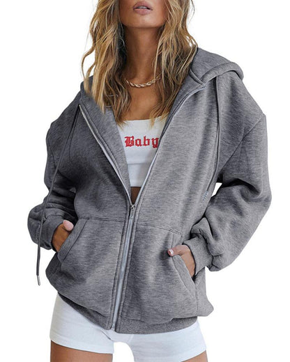 Effortless Zip Hoodie – Off-Shoulder Casual Lounge Jacket