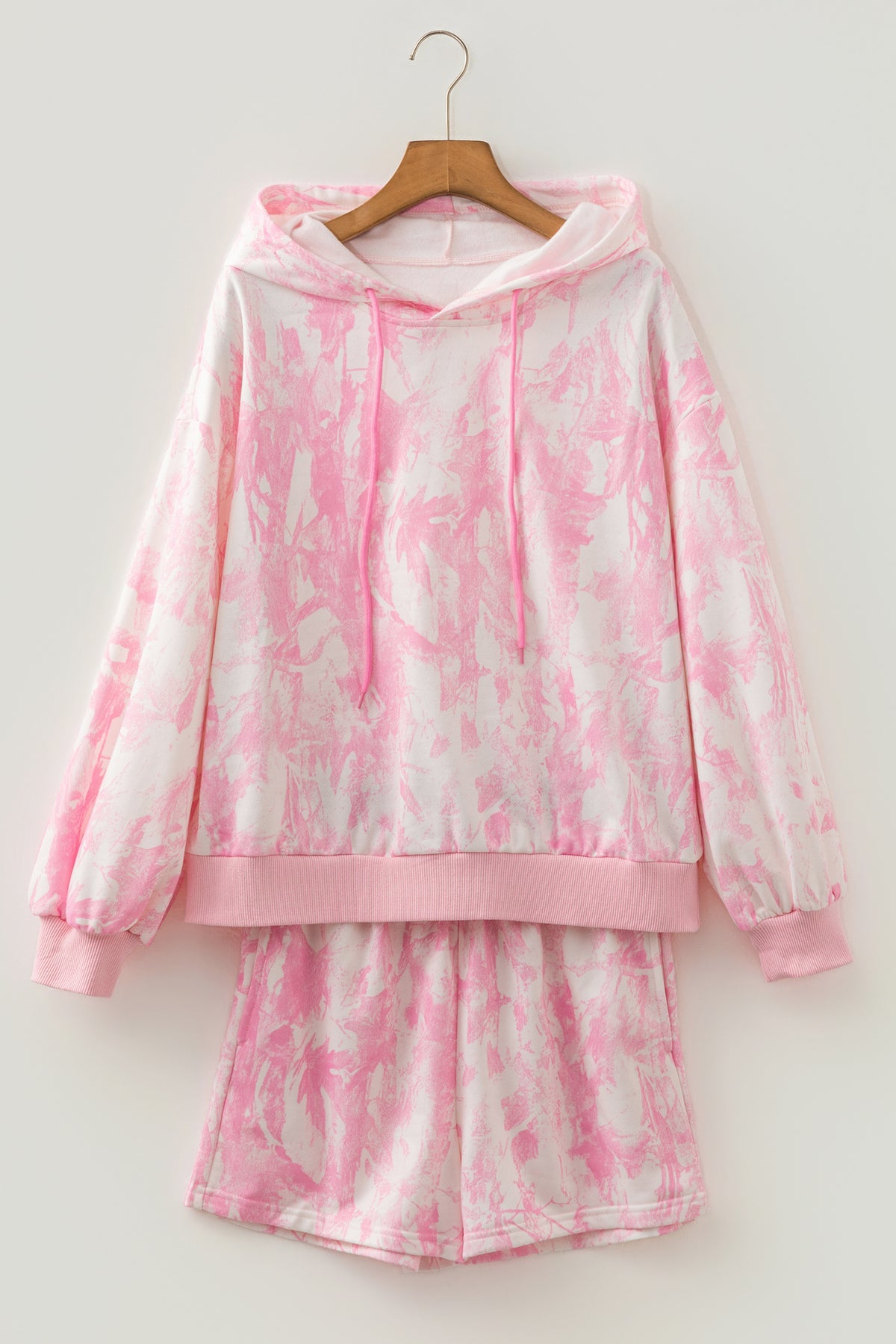 Pink Abstract Print Hoodie & Shorts Lounge Set | Women's Casual Two-Piece Outfit