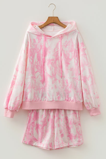 Pink Abstract Print Hoodie & Shorts Lounge Set | Women's Casual Two-Piece Outfit
