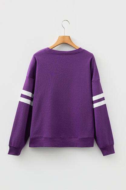 Purple Preppy Striped Sleeve Loose Sweatshirt