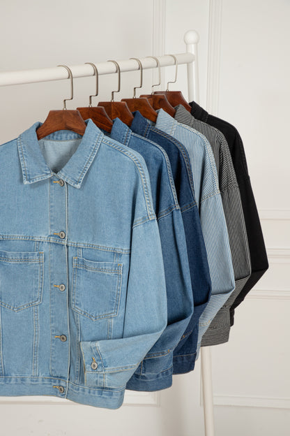 Black Oversized Washed Denim Jacket – Casual Pocketed Streetwear
