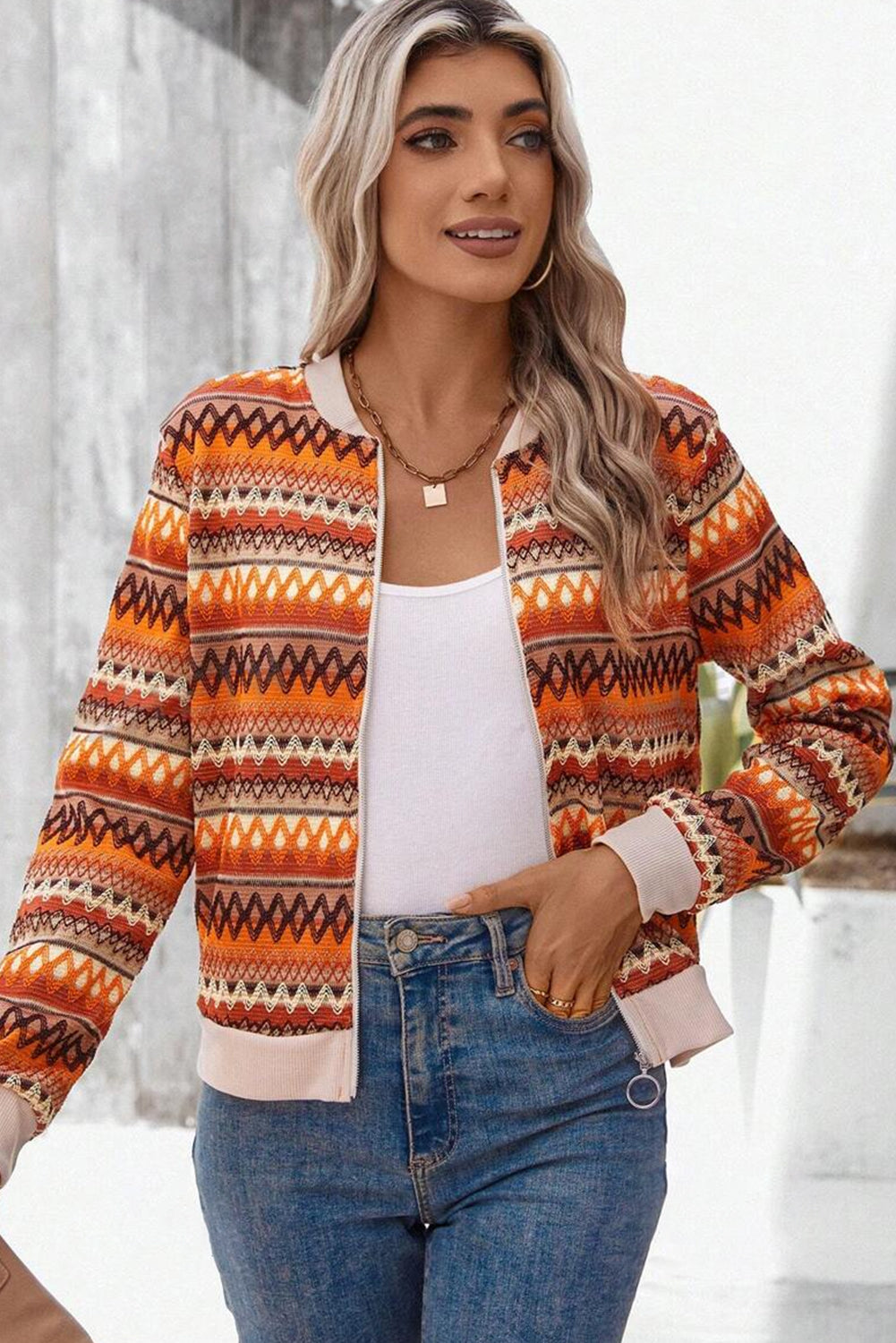 Orange Boho Striped Zip-Up Jacket – Vibrant Fall Layering Piece