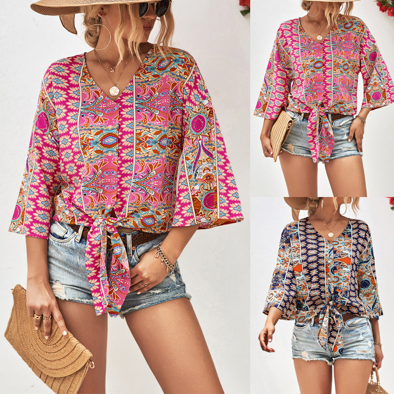 Boho Floral Lace-Up V-Neck Tunic Top for Women