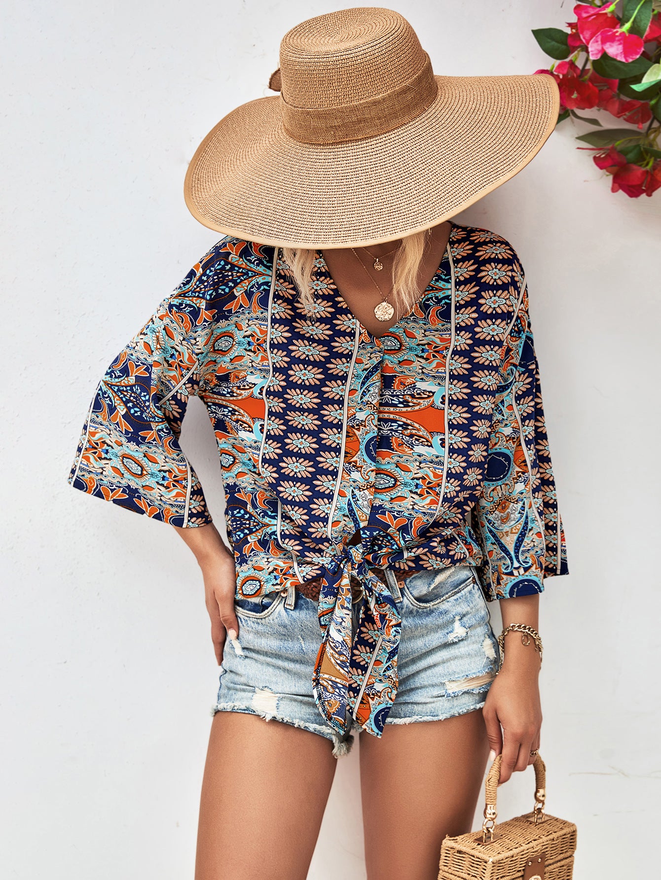 Boho Floral Lace-Up V-Neck Tunic Top for Women