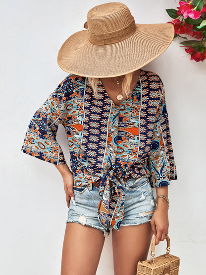 Boho Floral Lace-Up V-Neck Tunic Top for Women