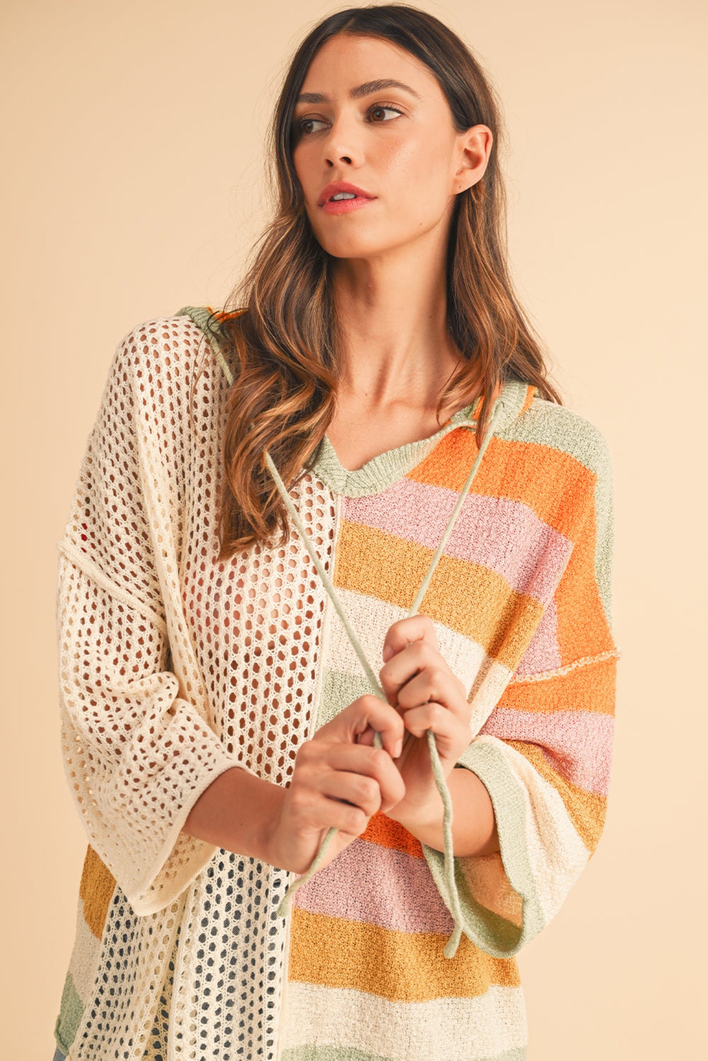Oversized Colorblock V-Neck Hooded Sweater for Women – Lightweight Knit Pullover, Casual Boho Striped Hoodie Top