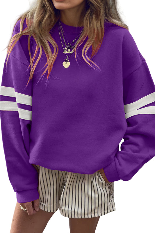 Purple Preppy Striped Sleeve Loose Sweatshirt