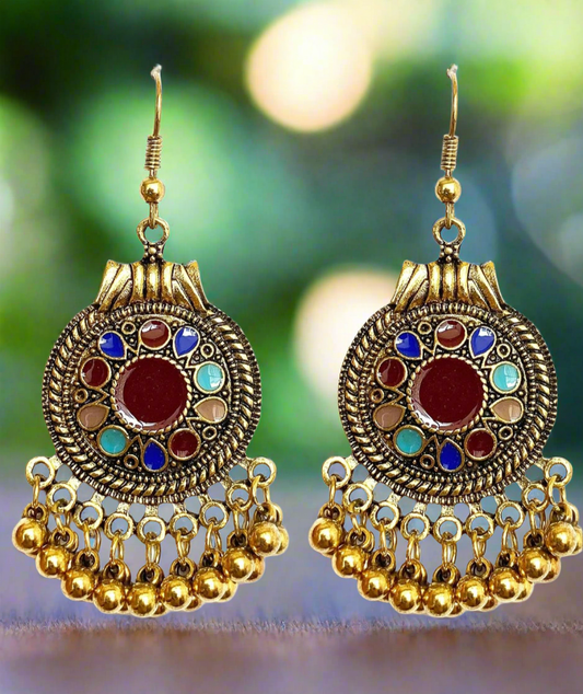Kundan Handmade Bohemian Vintage Gold Bronze Round Flower Geometry Dangle Drop Earrings - JAG Universal Collection 