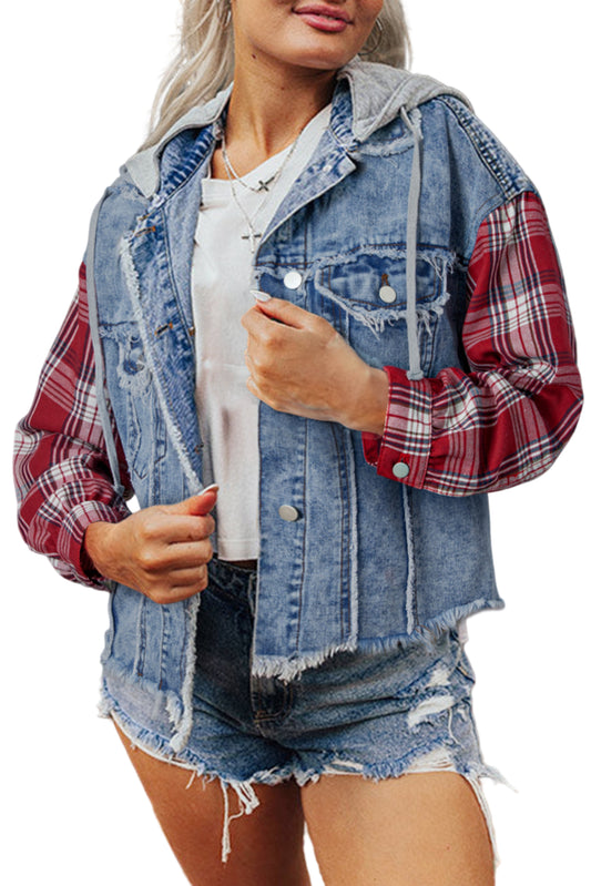 Beau Blue Plaid Print Patchwork Hooded Raw Hem Denim Jacket