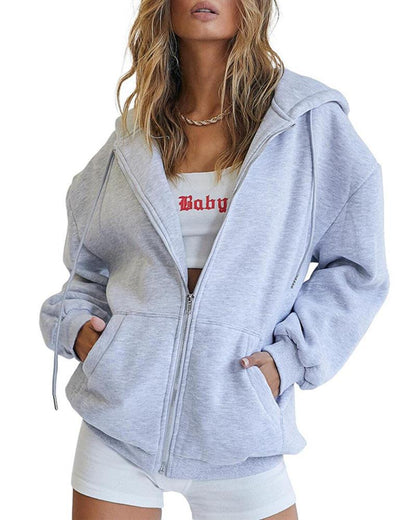 Effortless Zip Hoodie – Off-Shoulder Casual Lounge Jacket