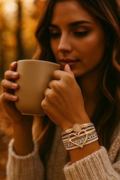 Layered Heart Boho Bracelet – Beige Rhinestone Magnetic Wrap