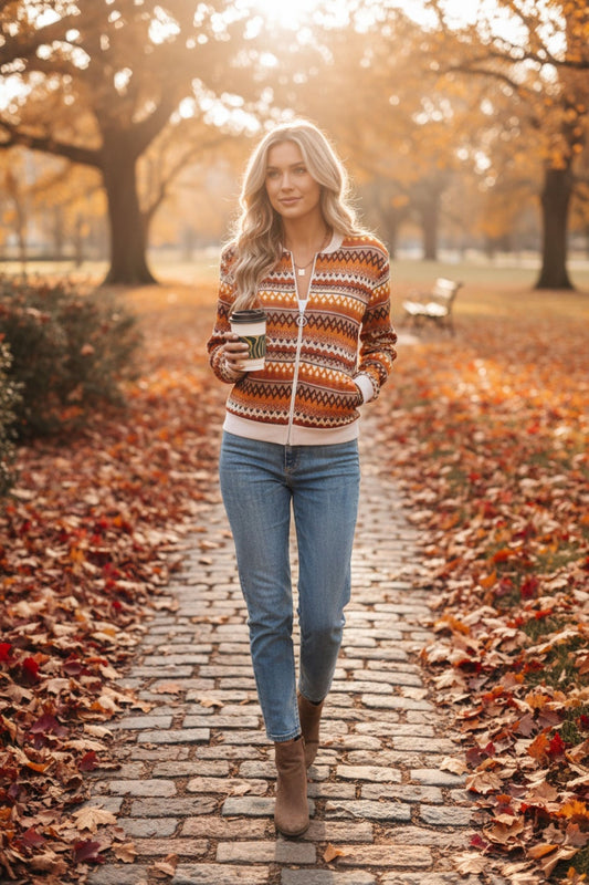 Orange Boho Striped Zip-Up Jacket – Vibrant Fall Layering Piece