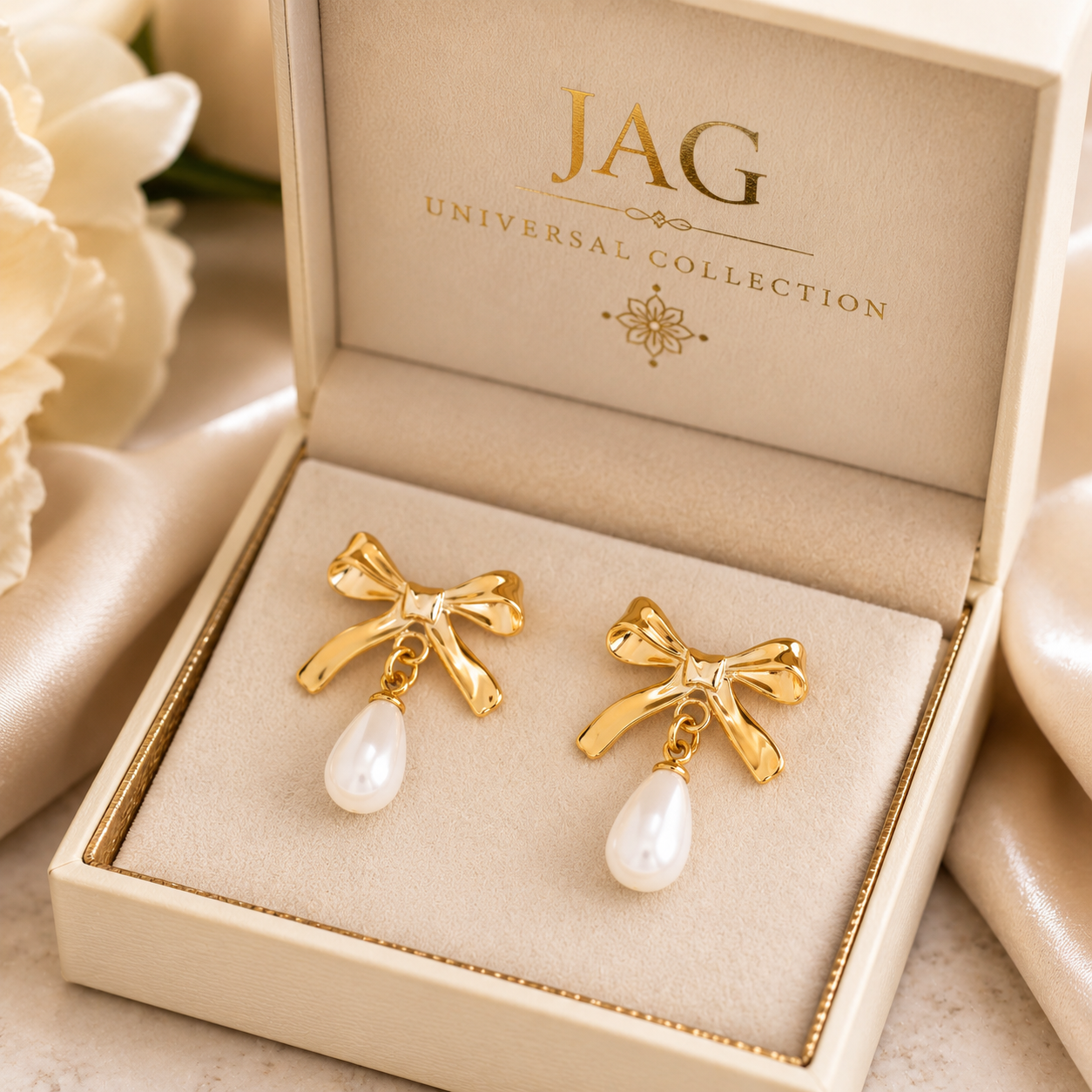 Made in the USA | 18K Gold PVD Freshwater Pearl Bow Earrings | Hypoallergenic 316L Surgical Steel