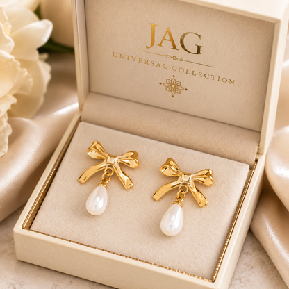 Made in the USA | 18K Gold PVD Freshwater Pearl Bow Earrings | Hypoallergenic 316L Surgical Steel