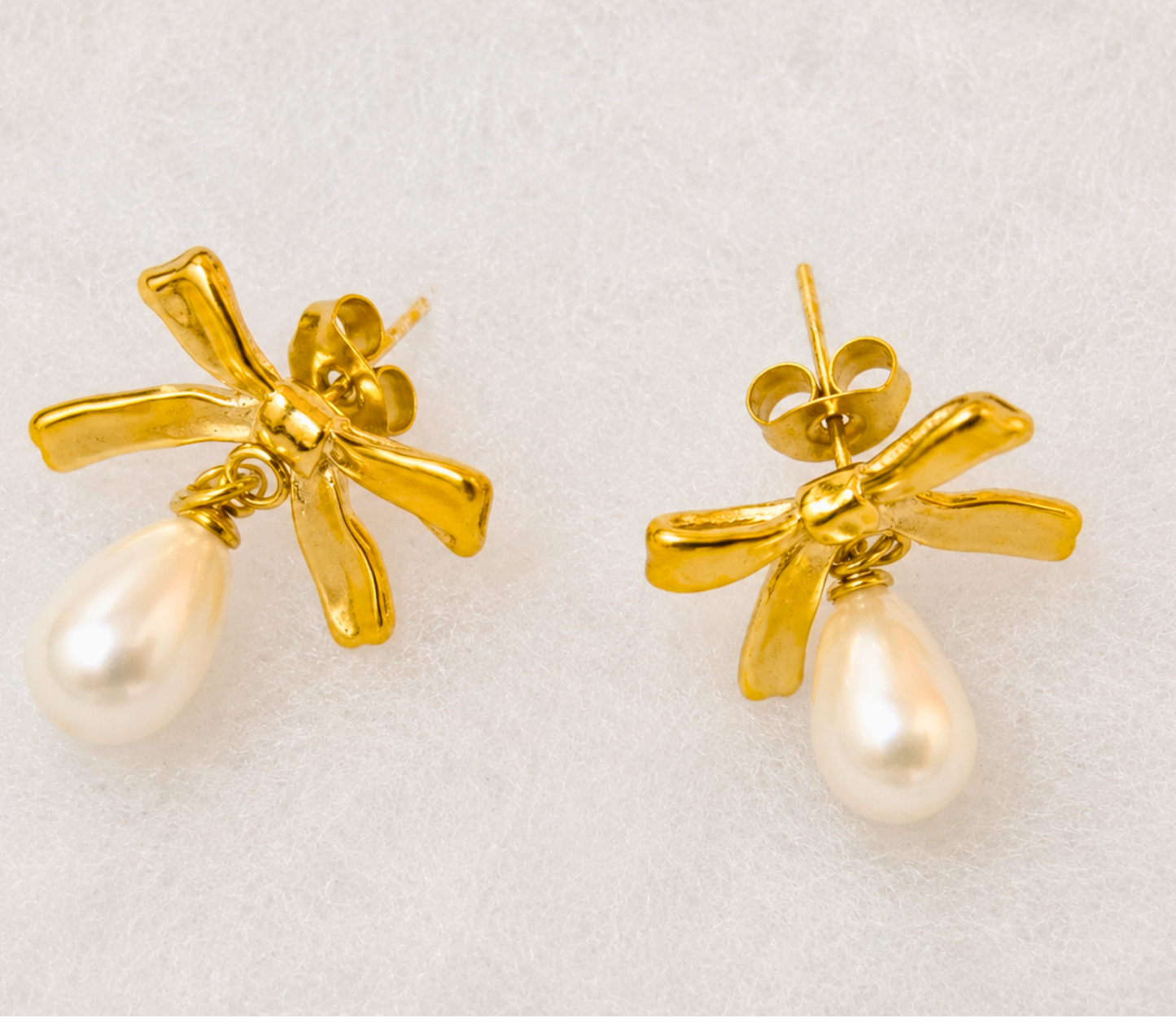 Made in the USA | 18K Gold PVD Freshwater Pearl Bow Earrings | Hypoallergenic 316L Surgical Steel