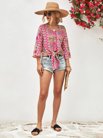 Boho Floral Lace-Up V-Neck Tunic Top for Women