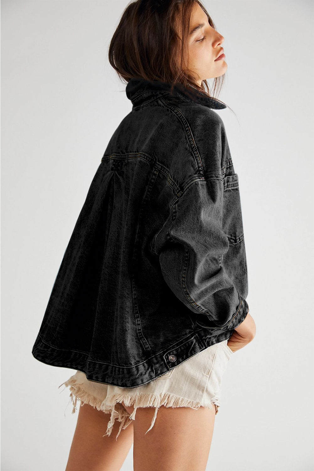Black Oversized Washed Denim Jacket – Casual Pocketed Streetwear