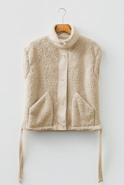 Beige Faux Fur Snap Button Front Knot Side Plush Vest with Pockets