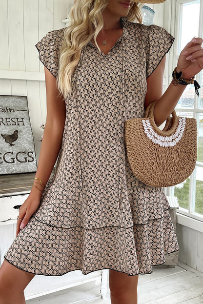 Simply Taupe Bohemian Print V-Neck Flutter Sleeve Ruffle Mini Dress