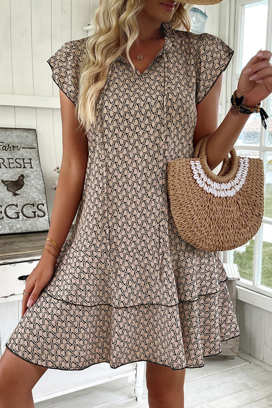 Simply Taupe Bohemian Print V-Neck Flutter Sleeve Ruffle Mini Dress