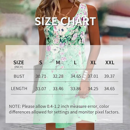 Floral dress with size chart overlay on a blurred background