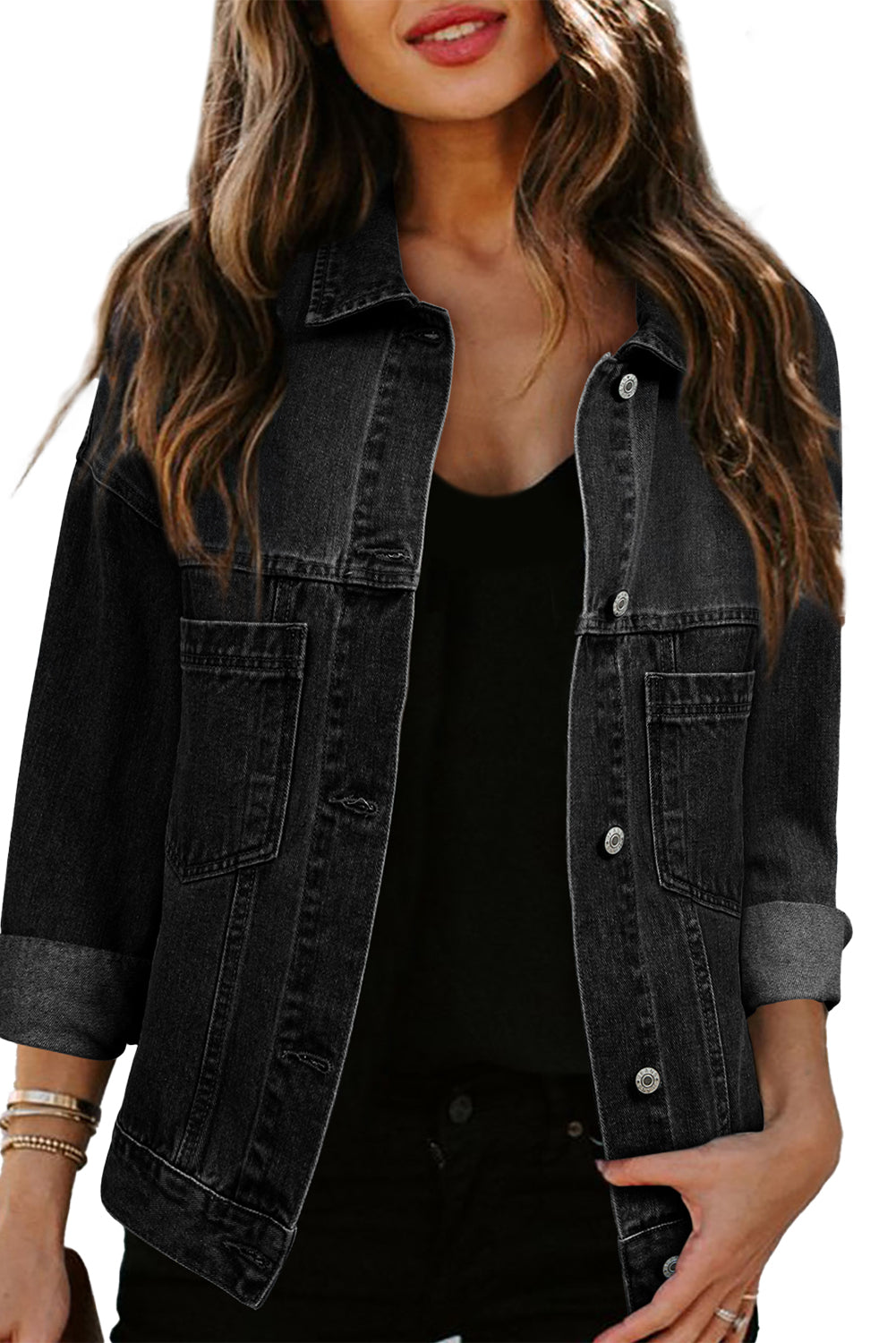 Black Oversized Washed Denim Jacket – Casual Pocketed Streetwear