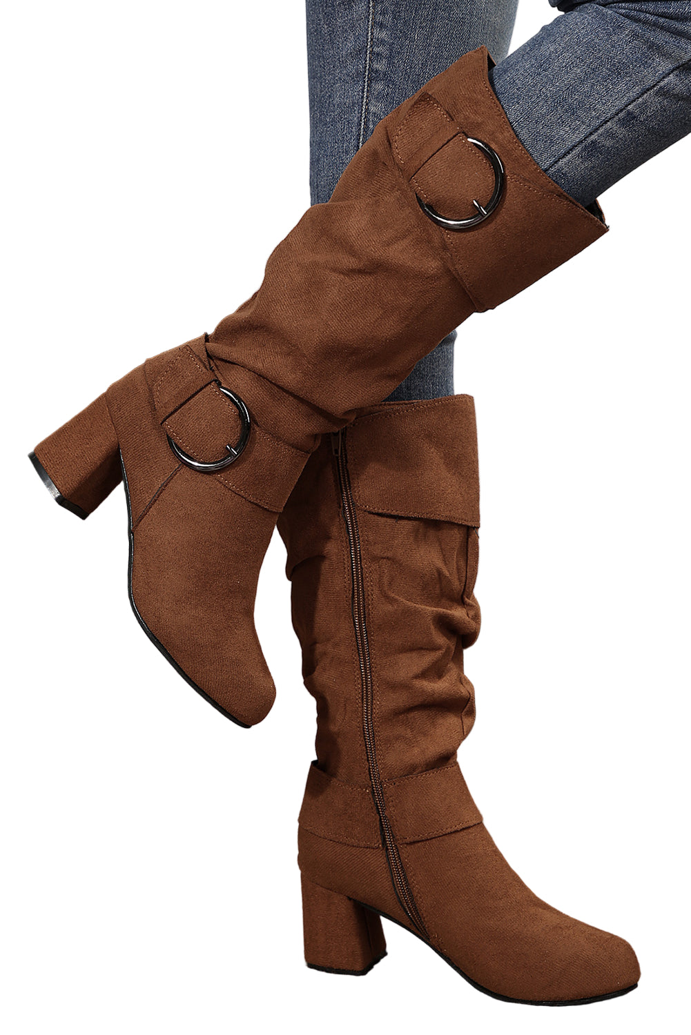 Coffee Suede Double Buckled Side Zipped Mid-calf Boots