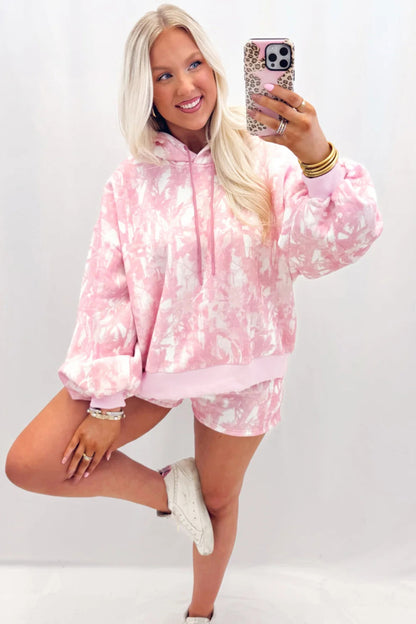 Pink Abstract Print Hoodie & Shorts Lounge Set | Women's Casual Two-Piece Outfit