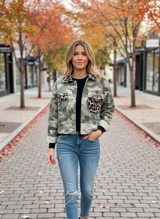 Camo & Leopard Patchwork Button-Up Jacket – Vintage Utility Shacket for Fall Layering