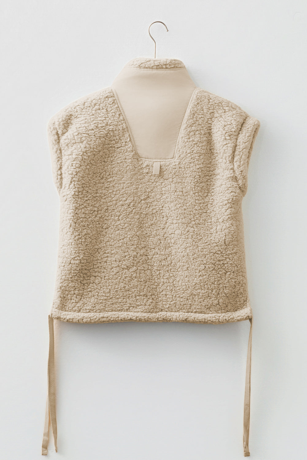 Beige Faux Fur Snap Button Front Knot Side Plush Vest with Pockets