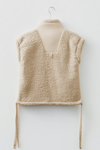 Beige Faux Fur Snap Button Front Knot Side Plush Vest with Pockets