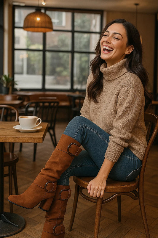 Coffee Suede Double Buckled Side Zipped Mid-calf Boots
