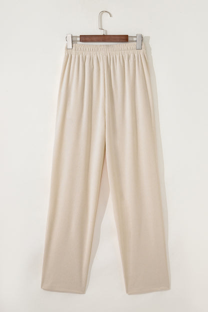 Women’s Corduroy Drawstring Lounge Pants –White  High-Waisted Soft Casual Trousers