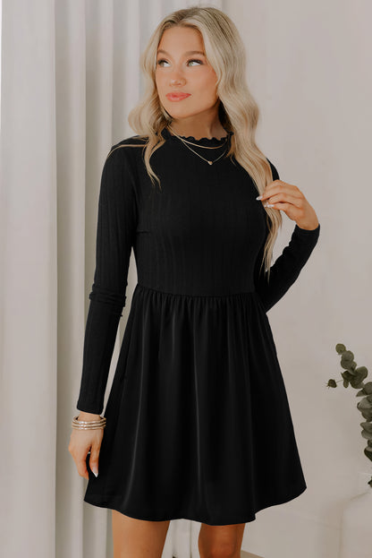 Elegant Black Long Sleeve Mini Dress – Ribbed Knit, Frilled Neck, High Waist, Casual to Party Outfit