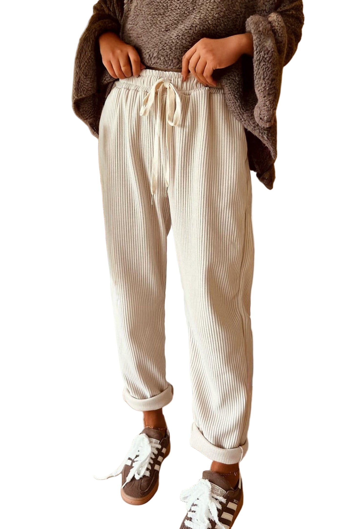 Women’s Corduroy Drawstring Lounge Pants –White  High-Waisted Soft Casual Trousers