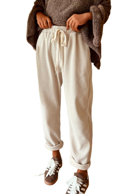 Women’s Corduroy Drawstring Lounge Pants –White  High-Waisted Soft Casual Trousers