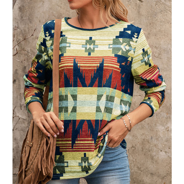 Bohemian Print Long Sleeve Top – Relaxed Fit Casual Blouse
