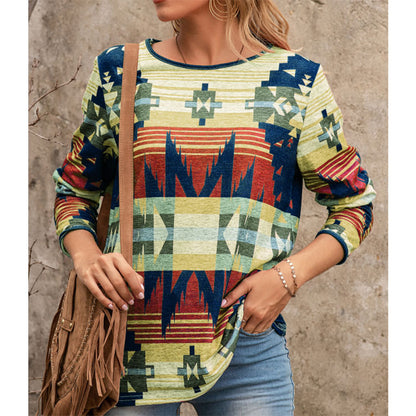 Bohemian Print Long Sleeve Top – Relaxed Fit Casual Blouse